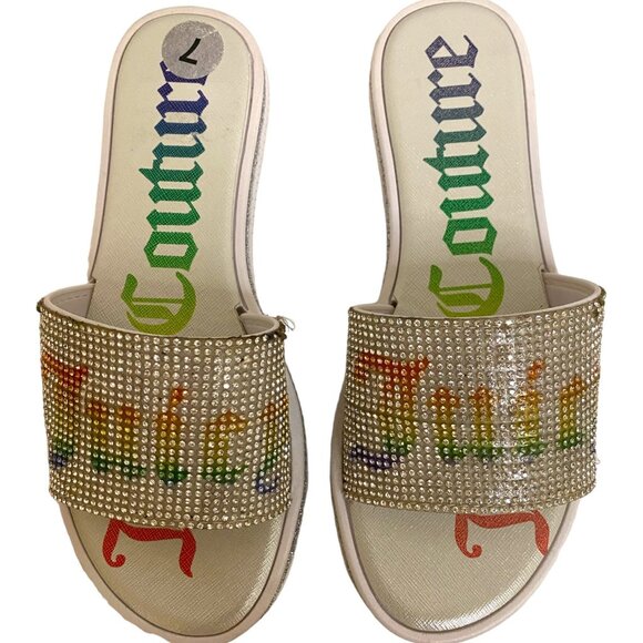 Juicy Couture Crystal Slip-On Slides Women Size 7 Clear Rainbow Sandal Flats Y2K - Picture 1 of 11